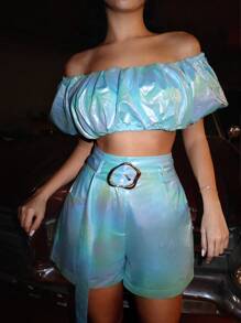 Holographic Off Shoulder Ruched Crop Top & Buckle Belted Shorts - Blue - View 4