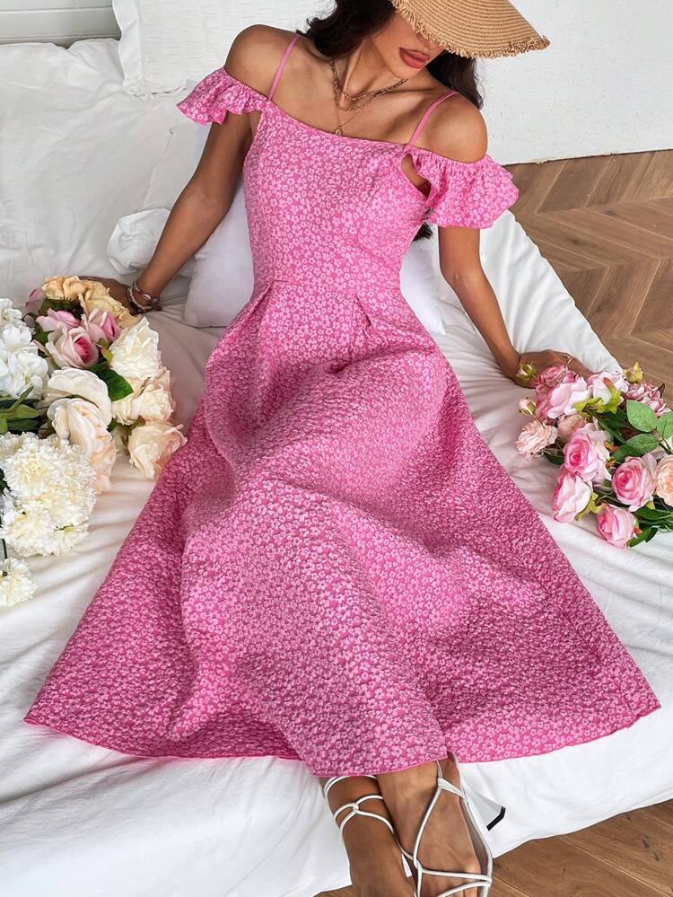 Floral Jacquard Open Shoulder Neckline Cinched Waist A-Line Dress
