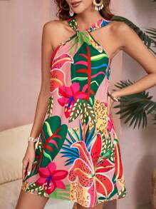 SHEIN VCAY Summer Tropical Print Loose Casual Sleeveless Dress - Multicolor - View 1