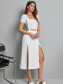 SHEIN Essnce Women's Solid Color Suspender High Side Split Midi Skirt - White - View 5