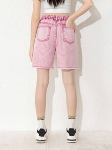 Teen Girl New Arrival Casual And Fashionable Pink Distressed Washed Denim Shorts - Pink - View 2