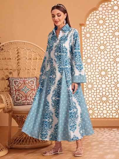 Al Najma 全印花V领喇叭袖连衣裙，端庄