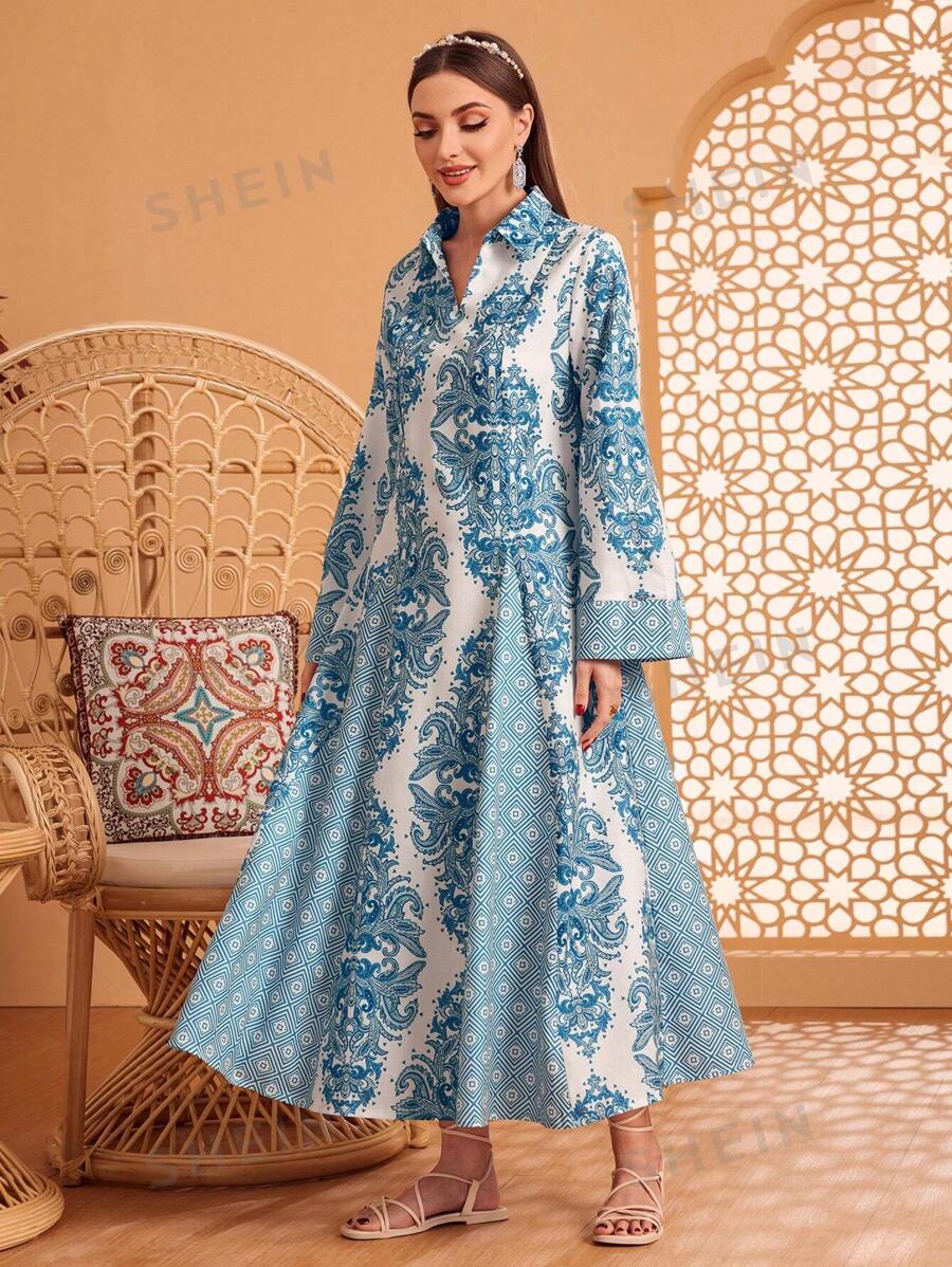 Al Najma Rochie modestă cu imprimeu complet, decolteu în V și mâneci evazate