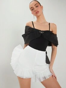 Enchnt Summer Contrast Mesh Ruffle Hem Shorts - White - View 1