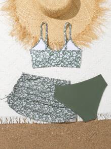 Tween Girl Random Printed Bikini Set With 3 Pieces - Green - View 2