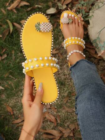 Ladies' Sweet & Fresh Toe-Post Sandals With Pearl & Pineapple Decor, Yellow Flat Sandals