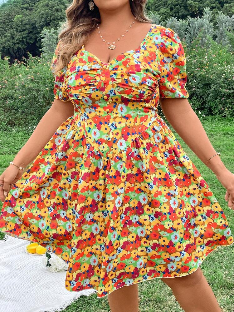 Plus Size Floral Print Bubble Sleeve Dress With Sweetheart Neckline