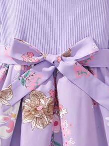 SHEIN Tween Girls' Floral Patchwork Printed Dress With Ruffle Trim - Purple - View 6
