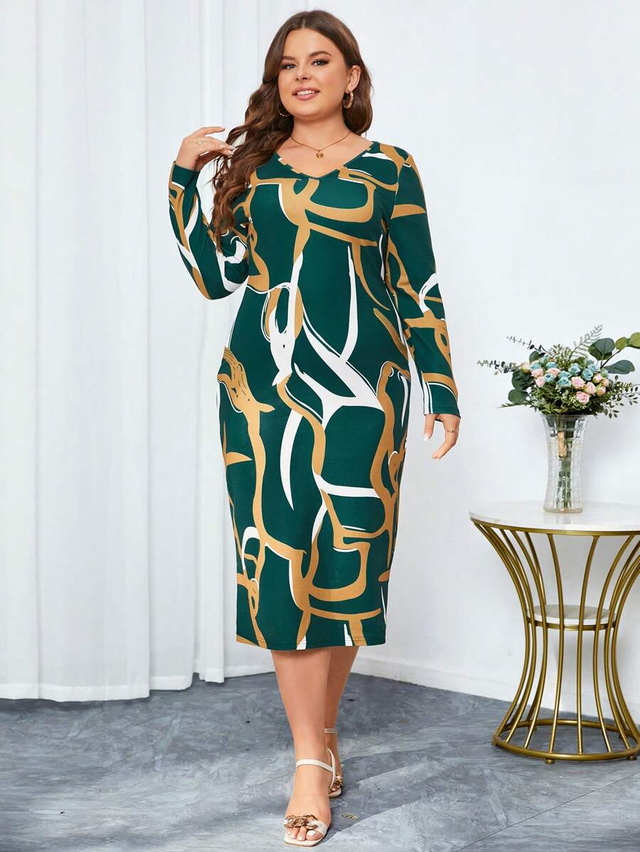 SHEIN Clasi Đầm dài tay in họa tiết cỡ lớn cho nữ - Màu xanh lá cây đậm - Xem 1