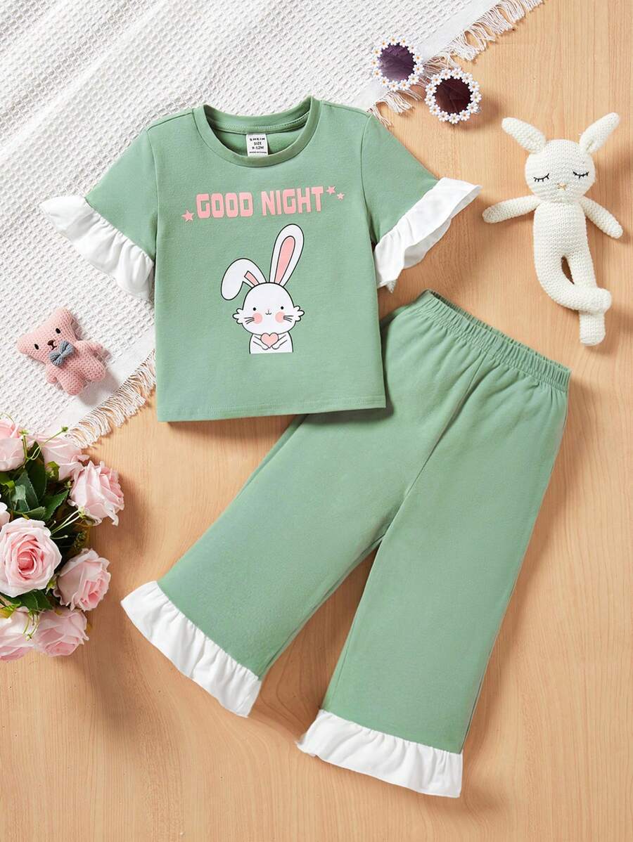 SHEIN Baby Girl's Casual Cartoon Rabbit Pattern Colorblock Pajamas With Ruffle Trim, Loose Fit - Green - View 1