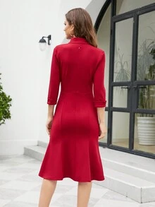 HOMEYEE V 领复古休闲纯色鱼尾下摆中长连衣裙 - 酒紅色 - 查看 2