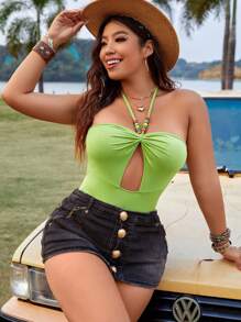 Flirla Plus Hollow Out Front Halter Neck Bodysuit - Green - View 9