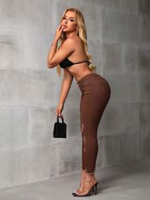 SHEIN ICON Ripped And Fringed Skinny Jeans - Coffee Brown - View 6