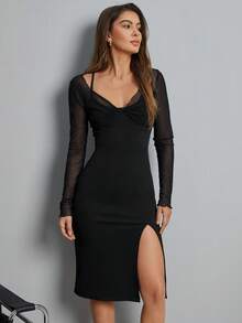 SHEIN Essnce 女士網紗扭結防曬上衣搭配 spaghetti strap裙子套裝 - 黑色 - 查看 3