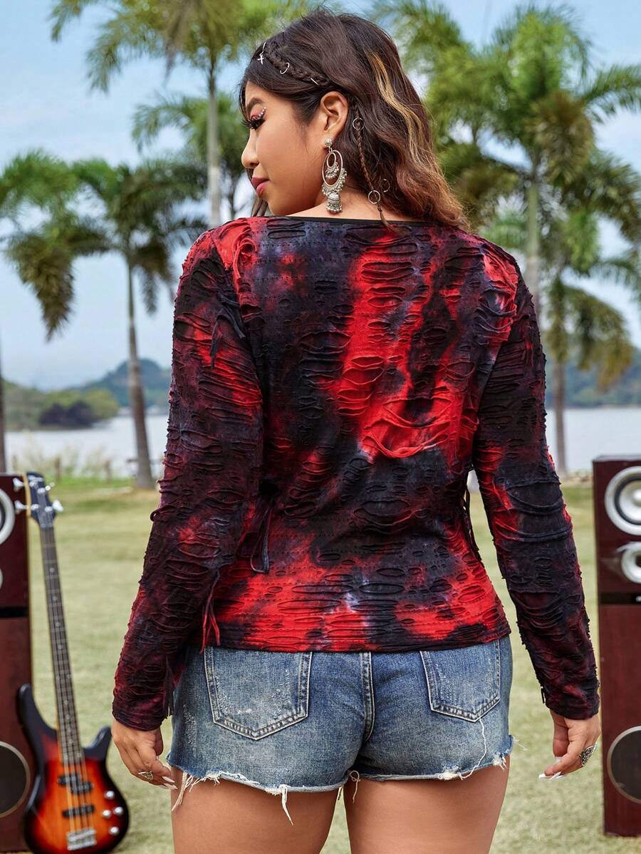 Flirla Plus Size V-Neck Tie-Dye Distressed Long Sleeve T-Shirt