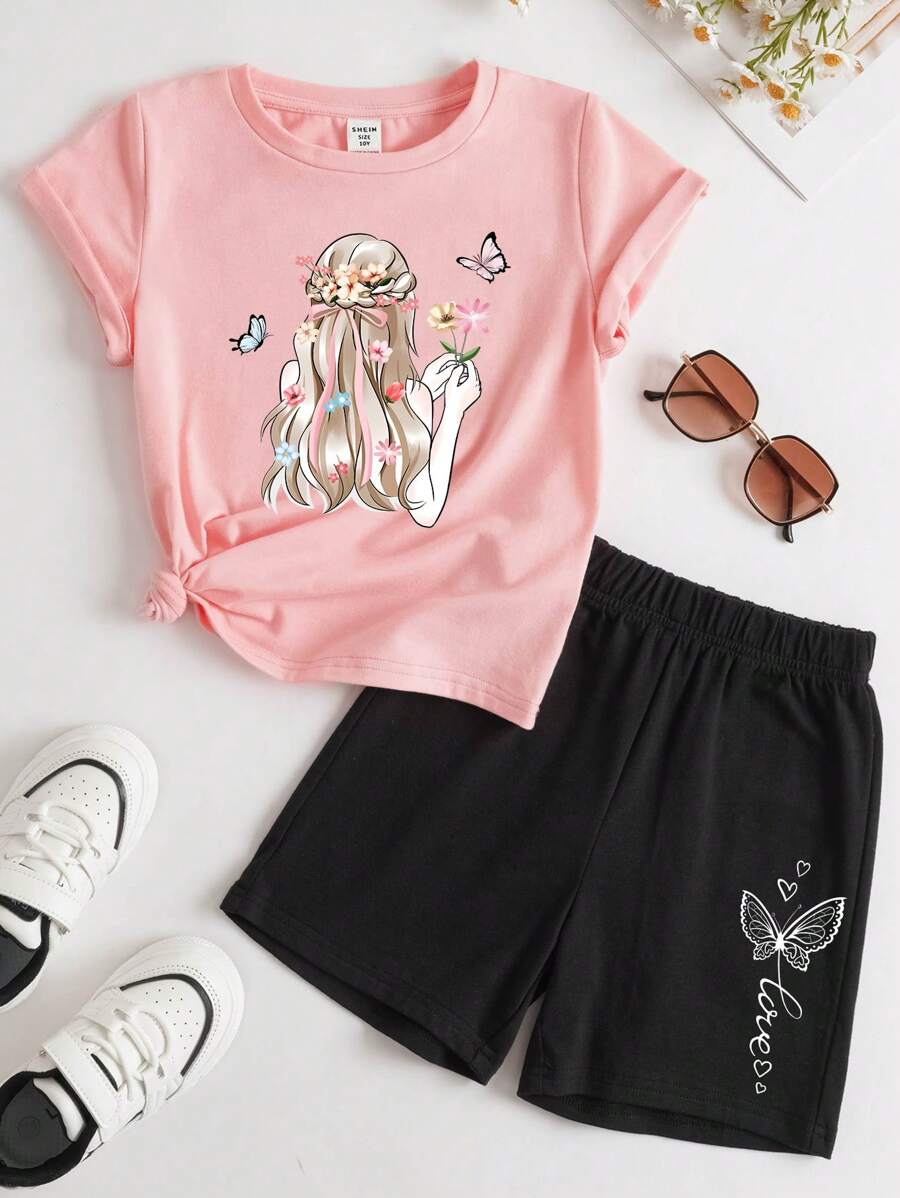 2 件套 Tween 女童休闲简约字母图案短袖 T 恤和短裤套装，棉混纺，夏季 - 粉色 - 查看 1