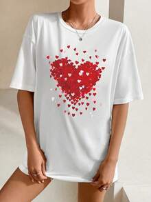 SHEIN EZwear Camiseta De Manga Corta Con Cuello Redondo Y Estampado De Corazón - Blanco - Ver 5