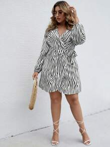 Celure Plus Size Zebra Print V-Neck Wrap Dress - Black and White - View 3