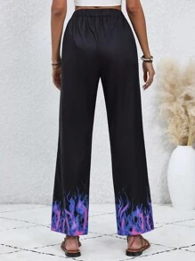 SHEIN LUNE Pantalones De Pierna Recta Con Estampado De Llama - Negro - Ver 2