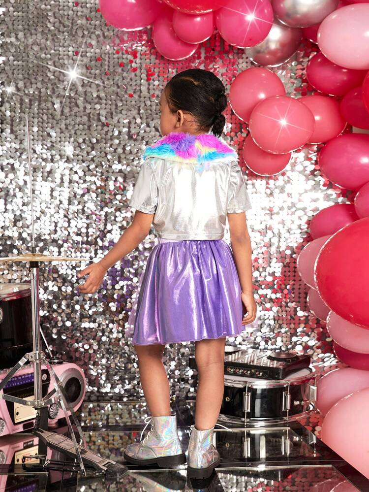 Young Girls' Sweet Yet Cool Style Metallic Coated Colorblock Collar Short Sleeve Jacket, Camisole Top And Skirt 3pcs/Set