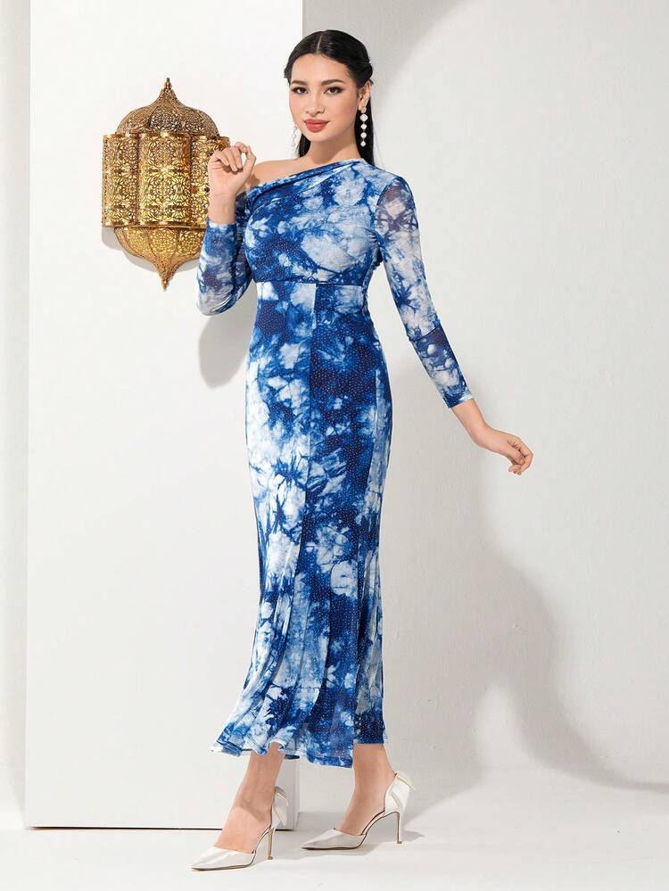 Women's Tie-Dye Asymmetric Collar & Mermaid Hem Dress Long Evening Dresses