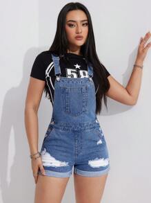 SHEIN EZwear 女式磨損牛仔工裝短褲 - 藍色 - 查看 1