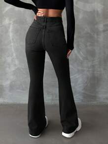 EURMUSE Washed Flared Jeans With Slanted Pockets - Black - View 2