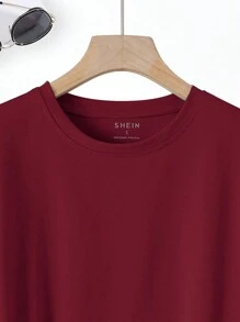 INAWLY Solid Color Round Neck Casual Short Sleeve T-Shirt - Maroon - View 4