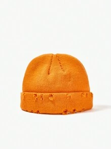 SHEIN 1pc Solid Color Ripped Style Knitted Hat - Orange - View 7