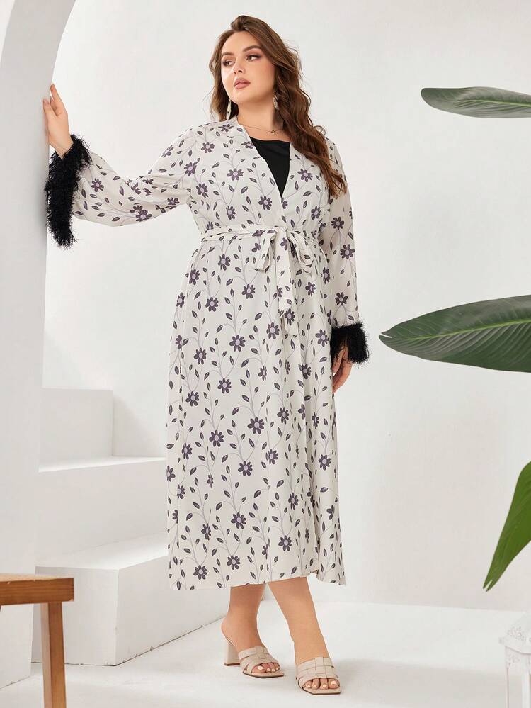 Plus Size Flower Printed Fringe Trim Jacket And Solid Color Sleeveless Dress Set 2 Pieces Set