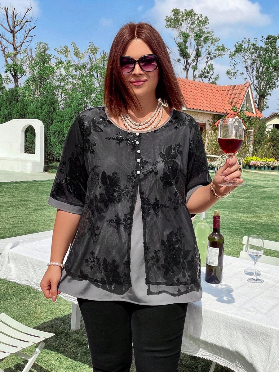 EMERY ROSE 加大碼亮片花刺繡網紗拼接對比色襯衫 - 藍色 - 查看 1