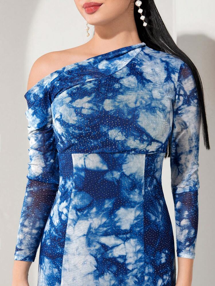 Women's Tie-Dye Asymmetric Collar & Mermaid Hem Dress Long Evening Dresses