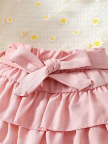 SHEIN 嬰兒女孩花卉印花優雅腰帶兩層蛋糕半身裙 - 粉色 - 查看 5