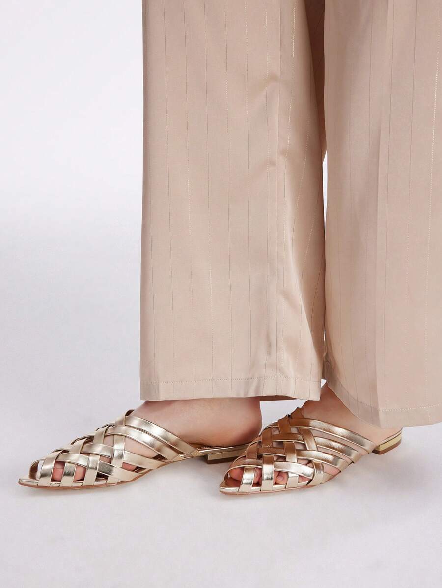 MOTF PREMIUM 时尚尖头编织女士平底鞋度假鞋夏季促销万圣节圣诞节 - 金色 - 查看 2