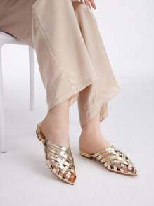 MOTF PREMIUM 时尚尖头编织女士平底鞋度假鞋夏季促销万圣节圣诞节 - 金色 - 查看 8