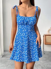 Breezaya 碎花印花高腰吊带背心裙迷你短款女装 - 藍色 - 查看 3