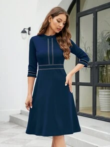 HOMEYEE Women's Round Neck 3/4 Sleeve Vintage Casual Flared A-Line Midi Dress For Work/Vacation - Navy Blue - View 4