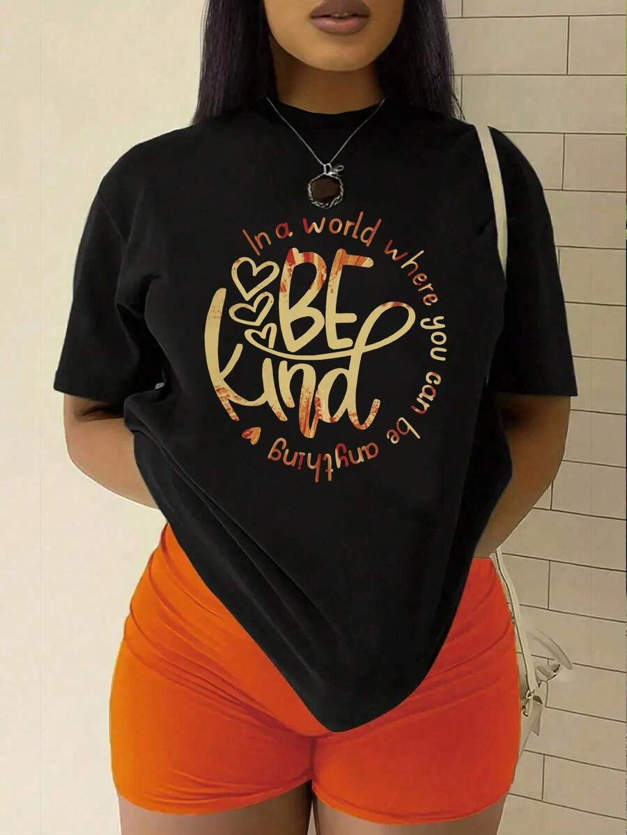 INAWLY 女士口號印花圓領t恤 - 黑色 - 查看 1