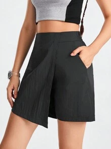 SHEIN Sports 女式不对称下摆运动短裤，带斜口袋 - 黑色 - 查看 1