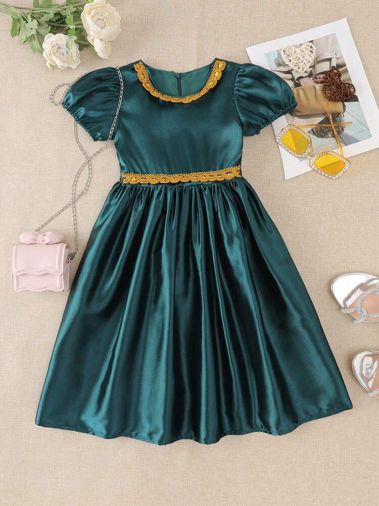 Young Girls' Ribbon Splice Puff Sleeve Dress
