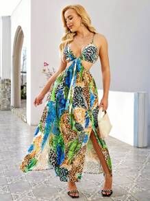 Zolique Loose Animal Print Hollow Out Spaghetti Strap Dress - Blue and White - View 7