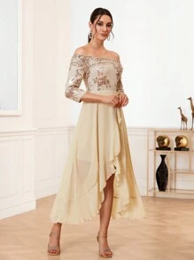 SHEIN Belle Off Shoulder Glitter Mesh & Ruffle Trimmed Bridesmaid Dress - Champagne - View 5