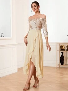 SHEIN Belle Off Shoulder Glitter Mesh & Ruffle Trimmed Bridesmaid Dress - Champagne - View 6