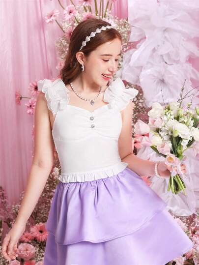 SHEIN Teen Girl Exaggerated Ruffle Strap Crop Top With Shirring Detail And Ruffle Hem