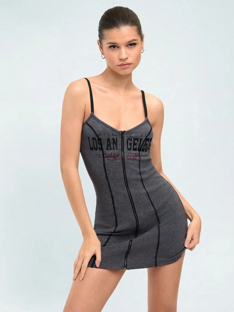 Summer Fashionable Club Letter Print Front Zipper Bodycon Mini Cami Dress