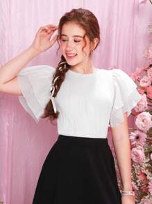 SHEIN Teen Girl Solid Color Jacquard Mesh Panel Ruffle Sleeve Casual T-Shirt - White - View 5