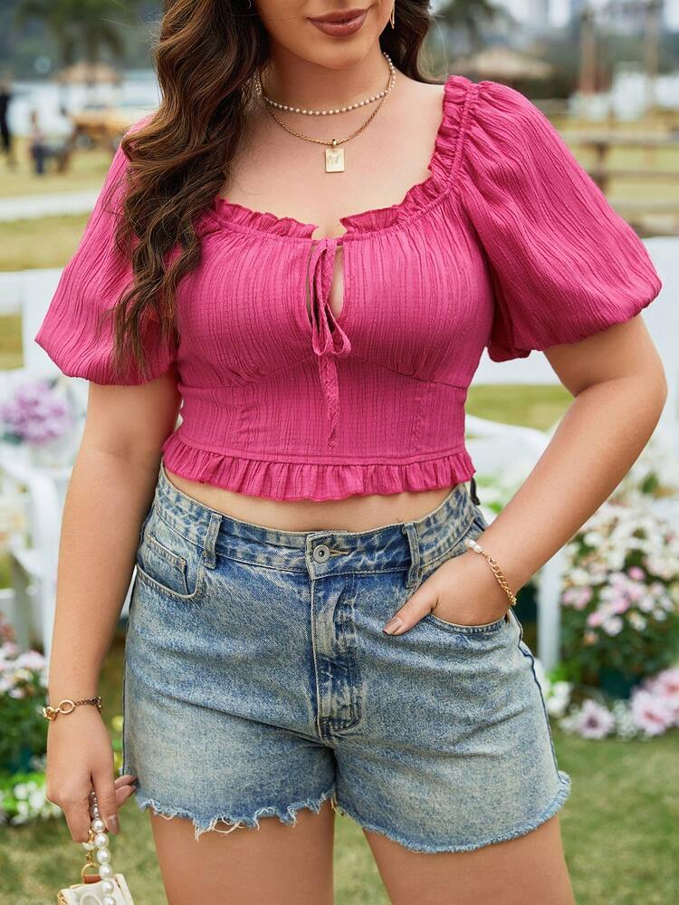 Plus Size Women's Solid Color Tie Rope Bubble Sleeve Shirt