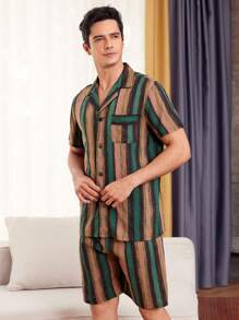 男士垂直條紋短袖襯衫和家居服套裝 - 軍綠色 - 查看 1