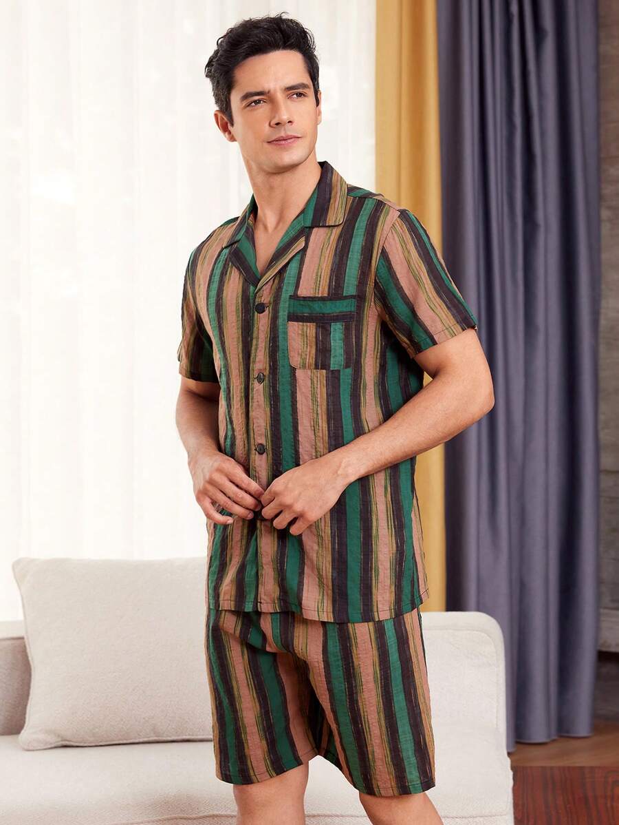 男士垂直條紋短袖襯衫和家居服套裝 - 軍綠色 - 查看 1