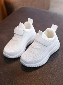 Kids' Plain Hook And Loop Knitted Sports Sneakers, Simple & Practical Multifunctional